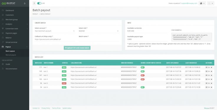 Maxpay Merchant portal: the batch payout section